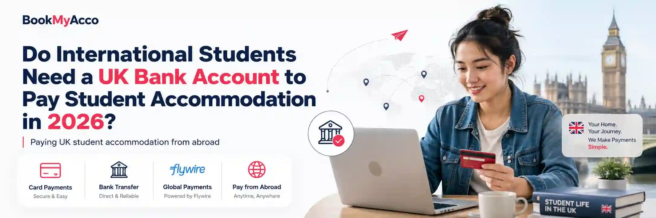 International student comparing UK accommodation payment methods including Direct Debit, Flywire, cards and bank transfers