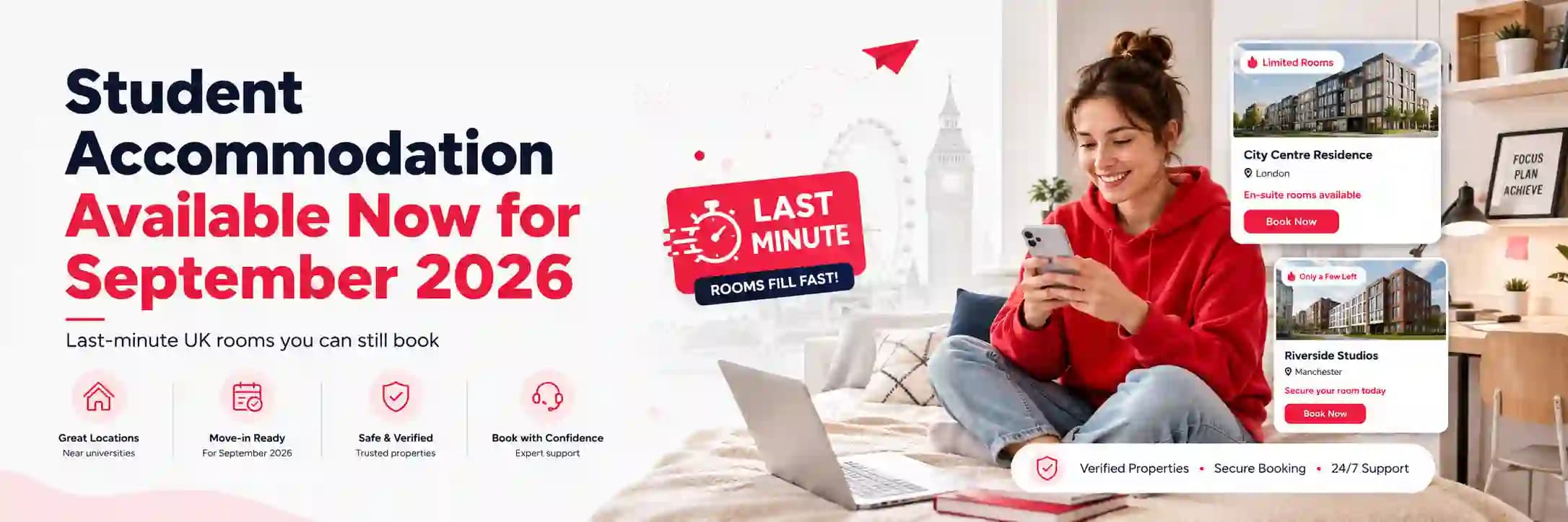 Student comparing last-minute UK student accommodation rooms still available for September 2026